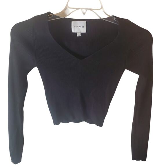 Pink Rose V-Neck Black Ribbed Crop Sweater, NWOT, Small - Picture 1 of 6